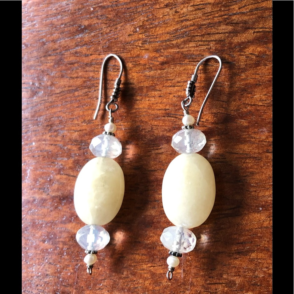 Dangle Drop Cream Stone and Silver Earrings